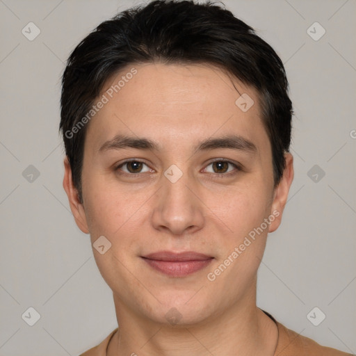 Joyful white young-adult male with short  brown hair and brown eyes