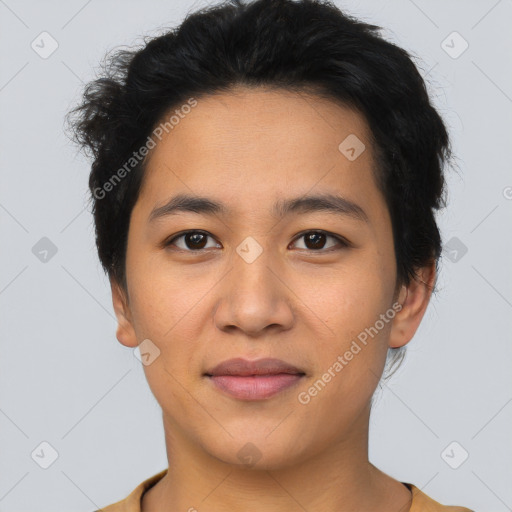 Joyful asian young-adult female with short  brown hair and brown eyes
