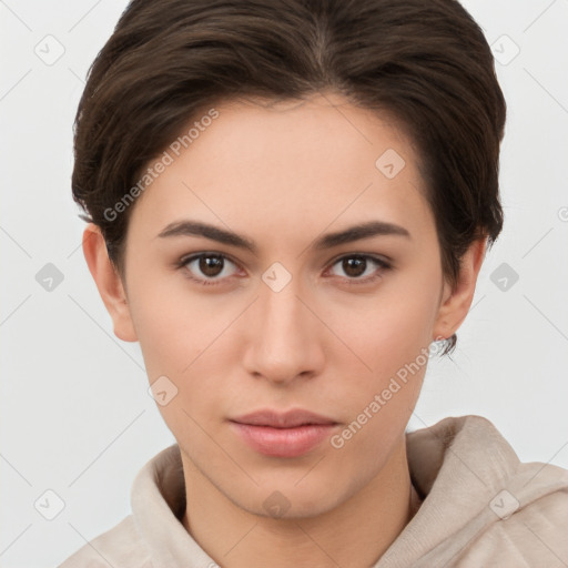 Neutral white young-adult female with short  brown hair and brown eyes