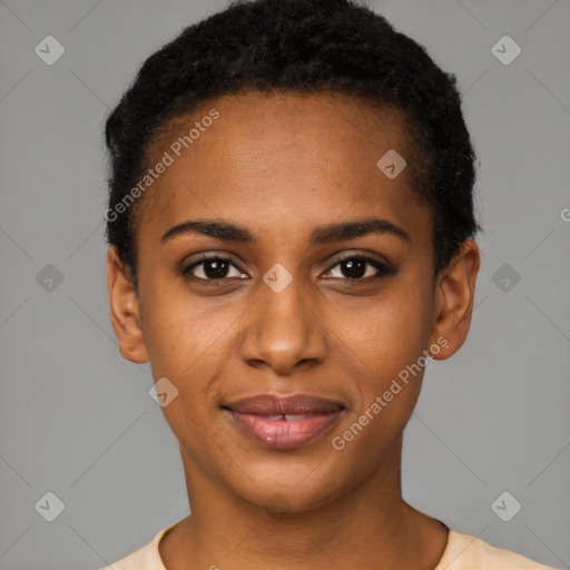 Joyful black young-adult female with short  black hair and brown eyes