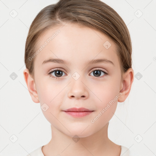 Joyful white child female with medium  brown hair and brown eyes