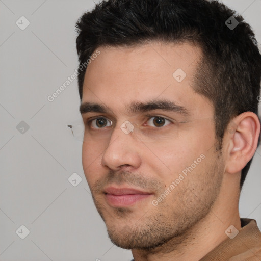 Neutral white young-adult male with short  brown hair and brown eyes