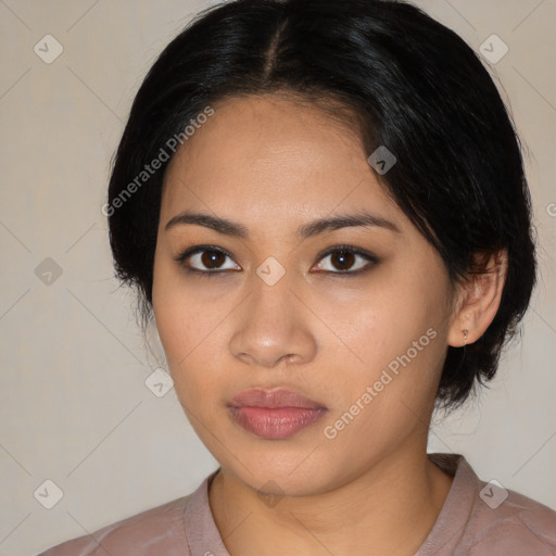 Neutral asian young-adult female with medium  black hair and brown eyes