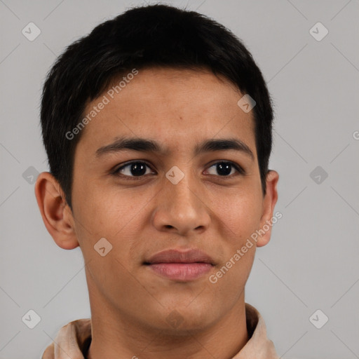 Joyful latino young-adult male with short  brown hair and brown eyes