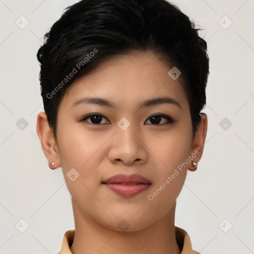 Joyful asian young-adult female with short  black hair and brown eyes