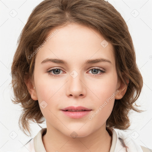 Neutral white young-adult female with medium  brown hair and grey eyes