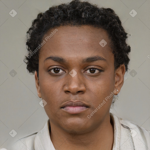 Neutral black young-adult female with short  black hair and brown eyes