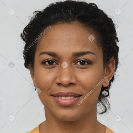 Joyful latino young-adult female with short  brown hair and brown eyes