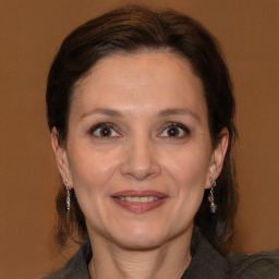 Joyful white adult female with medium  brown hair and brown eyes