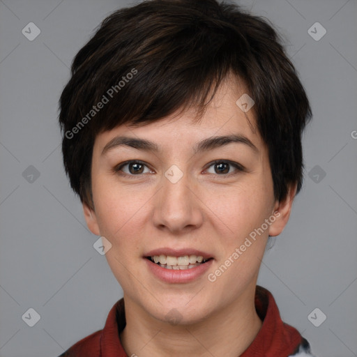 Joyful white young-adult female with short  brown hair and brown eyes