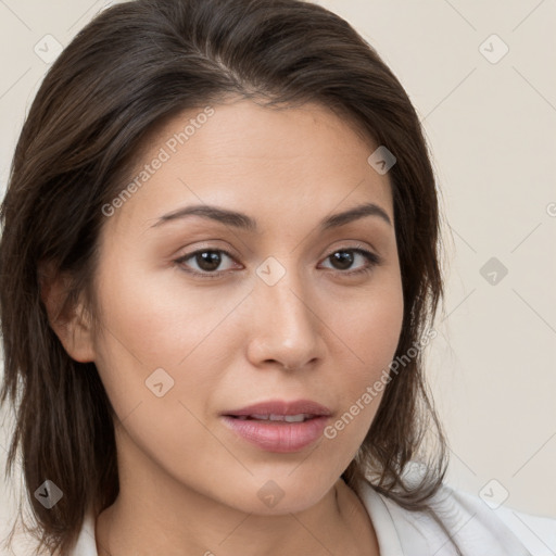 Neutral white young-adult female with medium  brown hair and brown eyes