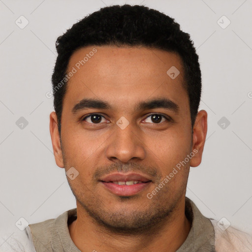 Joyful latino young-adult male with short  black hair and brown eyes