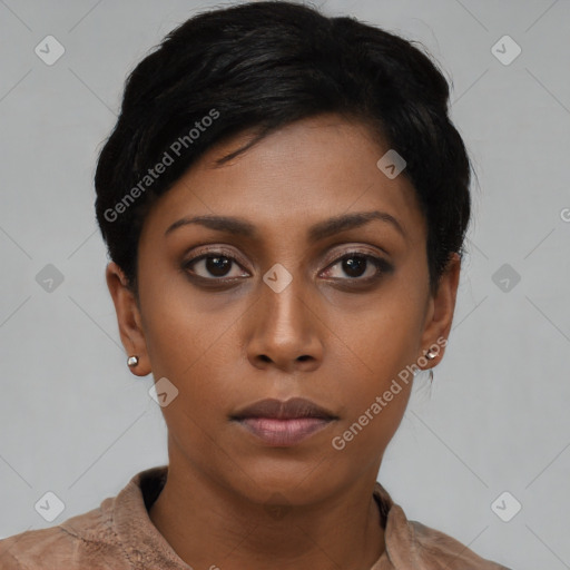 Neutral asian young-adult female with short  black hair and brown eyes