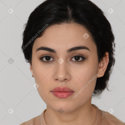 Neutral latino young-adult female with medium  black hair and brown eyes