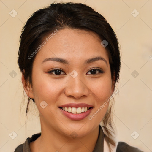 Joyful white young-adult female with medium  brown hair and brown eyes