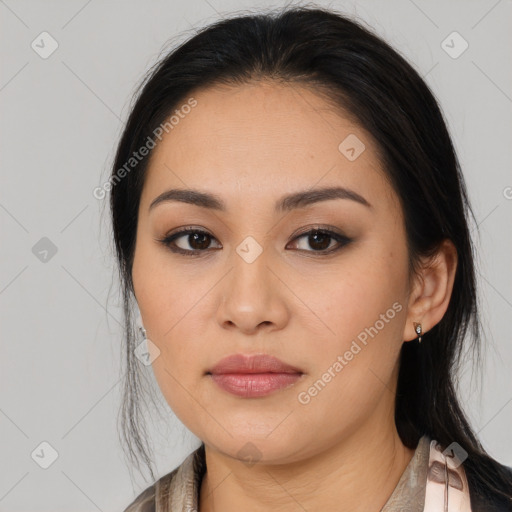 Neutral asian young-adult female with medium  black hair and brown eyes