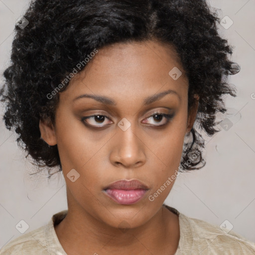 Neutral black young-adult female with medium  brown hair and brown eyes