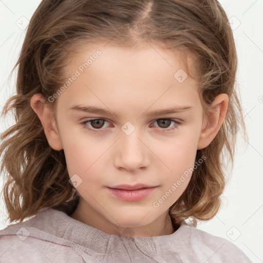 Joyful white child female with long  brown hair and brown eyes