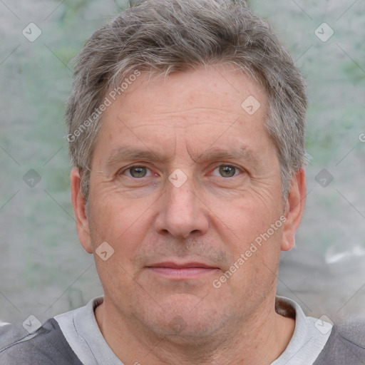 Neutral white middle-aged male with short  brown hair and grey eyes