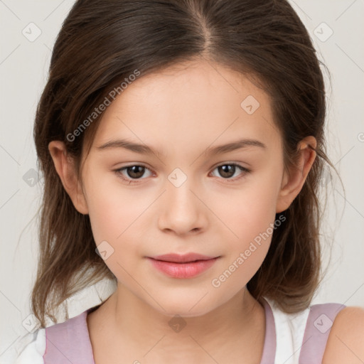 Joyful white child female with medium  brown hair and brown eyes