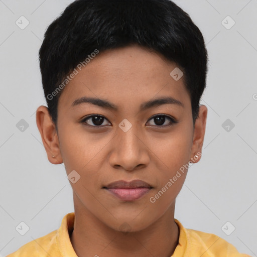 Joyful asian young-adult female with short  brown hair and brown eyes