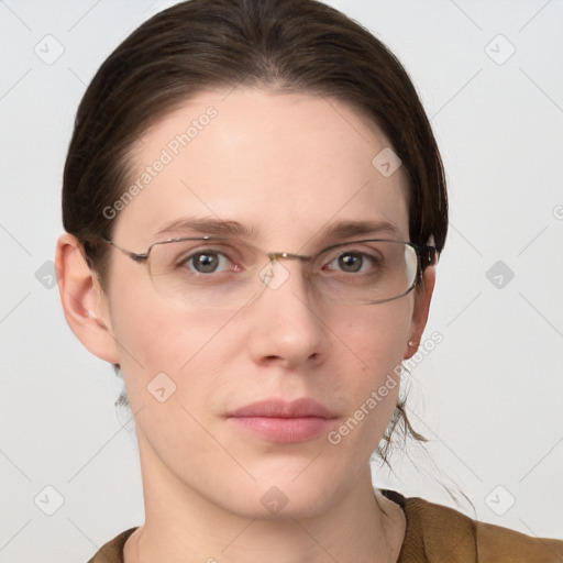 Neutral white young-adult female with medium  brown hair and grey eyes