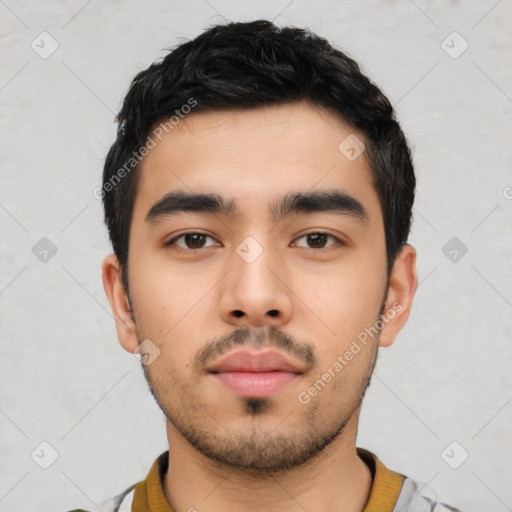 Neutral latino young-adult male with short  black hair and brown eyes