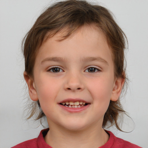 Joyful white child female with medium  brown hair and brown eyes