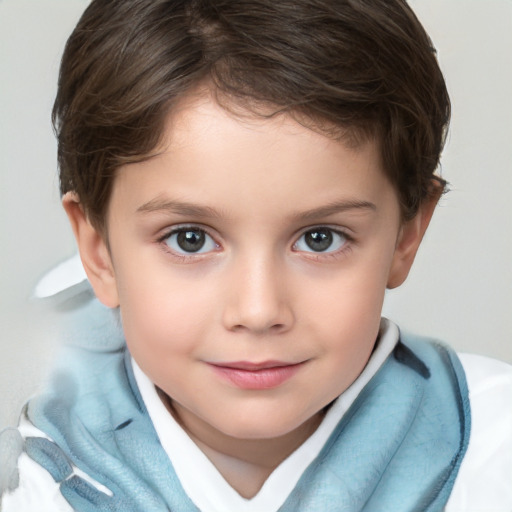 Joyful white child female with short  brown hair and brown eyes