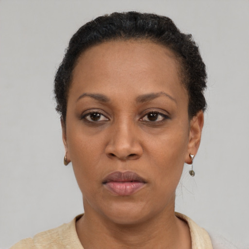 Neutral latino adult female with short  black hair and brown eyes