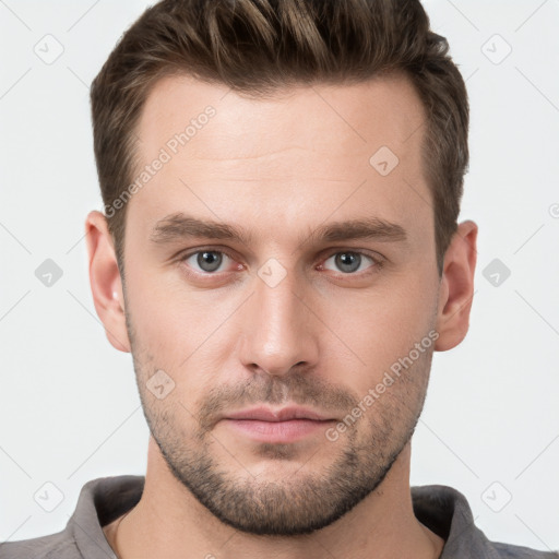 Neutral white young-adult male with short  brown hair and grey eyes