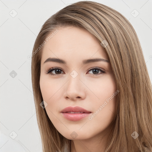 Neutral white young-adult female with long  brown hair and brown eyes