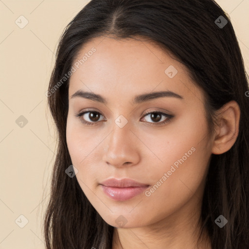 Neutral white young-adult female with long  brown hair and brown eyes