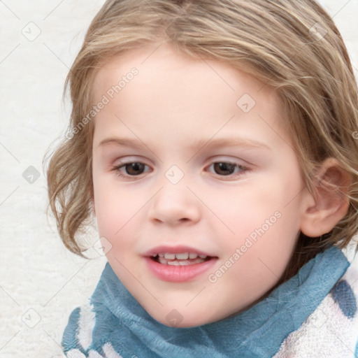 Joyful white child female with medium  brown hair and blue eyes