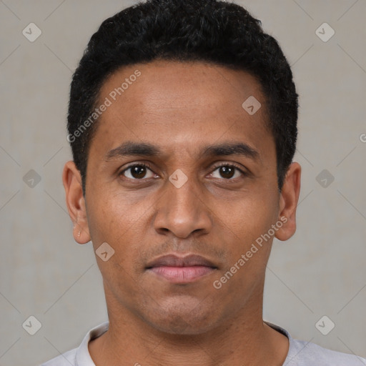 Neutral black young-adult male with short  black hair and brown eyes