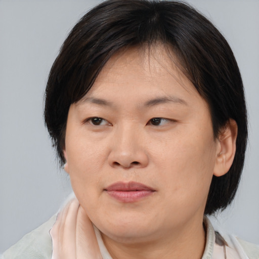 Joyful asian adult female with medium  brown hair and brown eyes