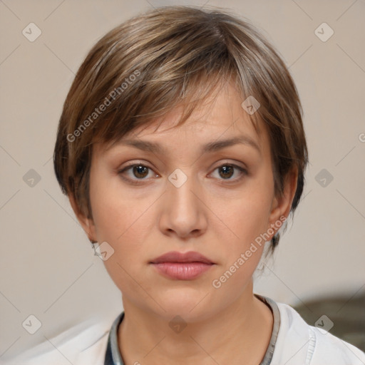 Neutral white young-adult female with medium  brown hair and brown eyes