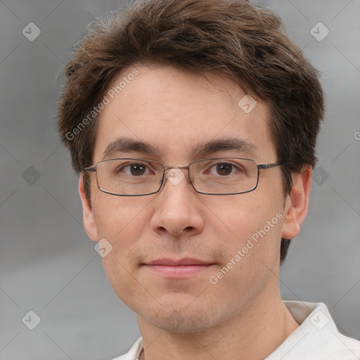 Neutral white adult male with short  brown hair and brown eyes