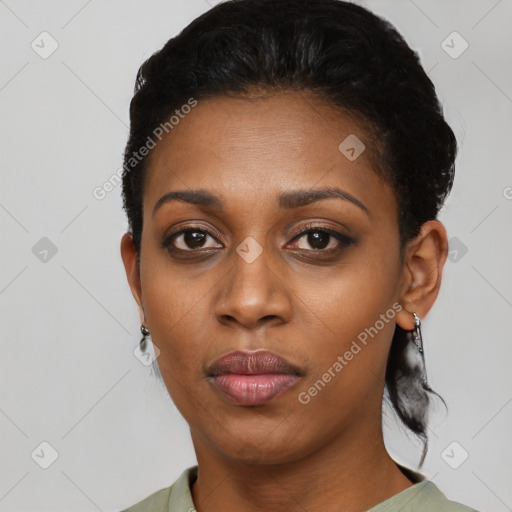 Neutral black young-adult female with short  black hair and brown eyes