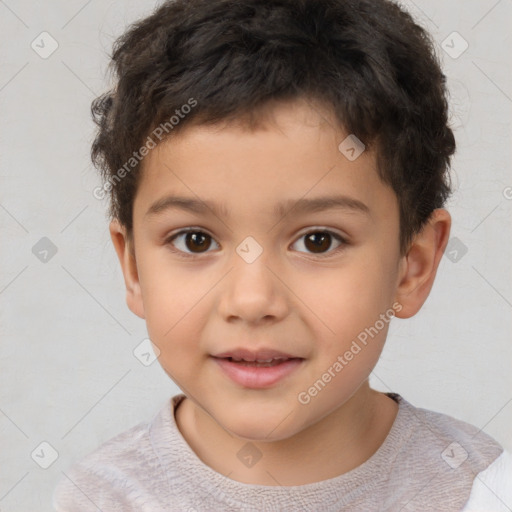 Joyful white child male with short  brown hair and brown eyes