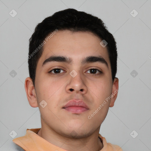 Neutral latino young-adult male with short  brown hair and brown eyes