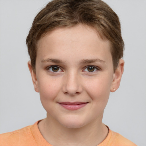 Joyful white child female with short  brown hair and grey eyes