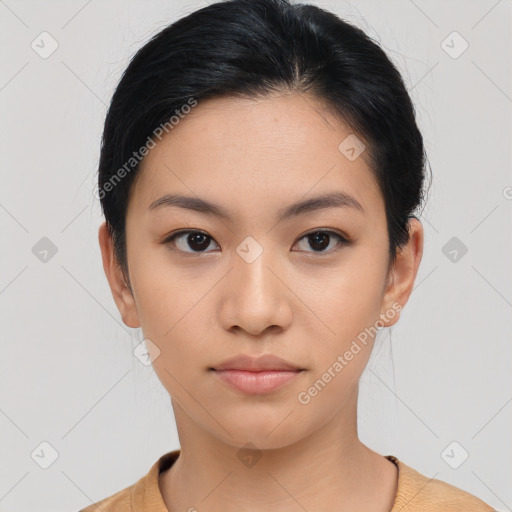 Neutral asian young-adult female with short  black hair and brown eyes