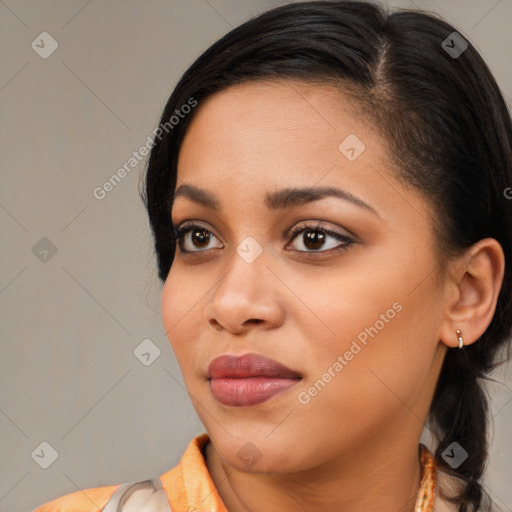 Neutral asian young-adult female with medium  brown hair and brown eyes