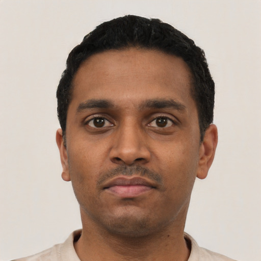 Neutral black young-adult male with short  black hair and brown eyes