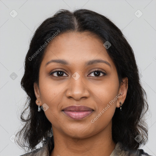 Joyful black young-adult female with medium  black hair and brown eyes