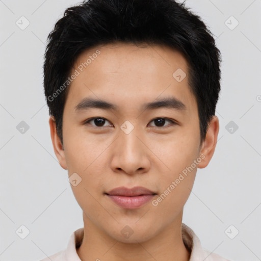 Neutral asian young-adult male with short  black hair and brown eyes