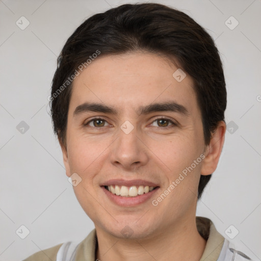 Joyful white young-adult male with short  brown hair and brown eyes