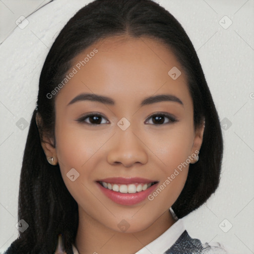 Joyful white young-adult female with long  black hair and brown eyes