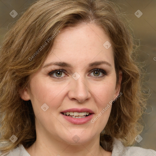 Joyful white young-adult female with medium  brown hair and green eyes